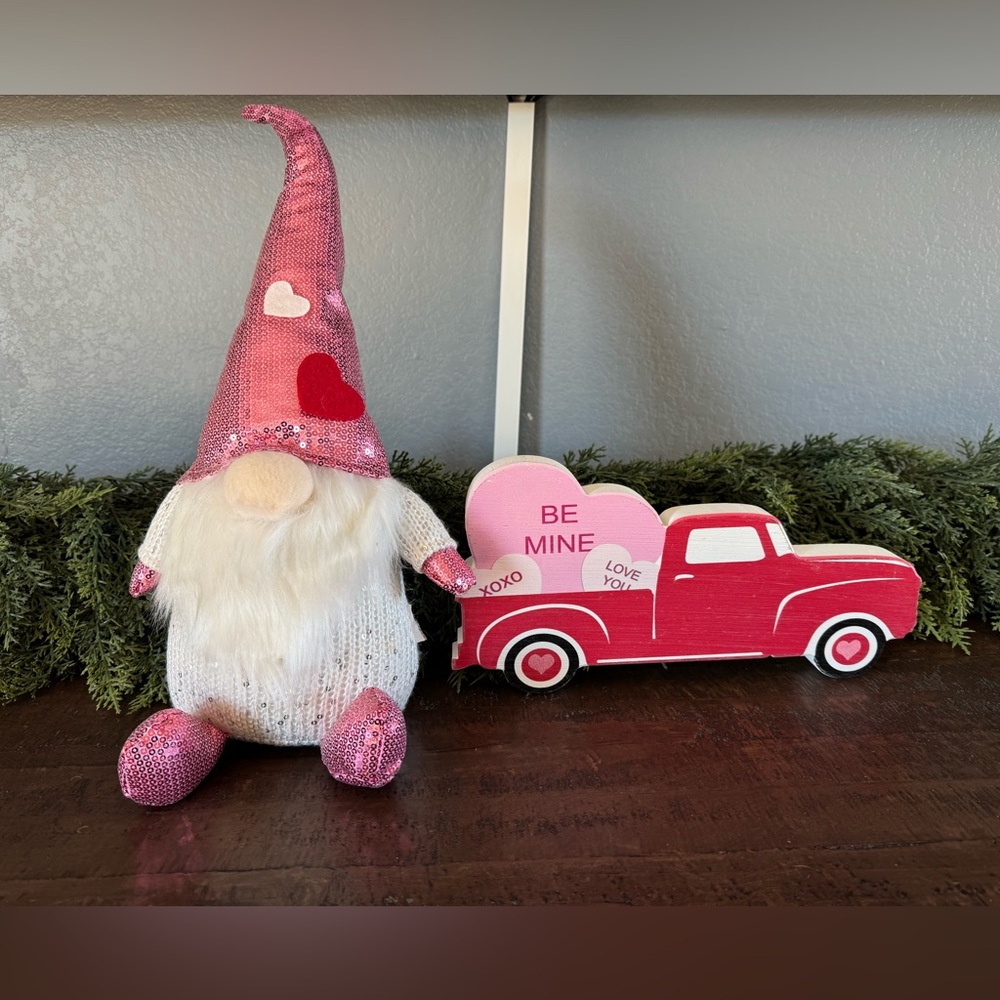 Valentine's Day Gnome with Pink Hat and Red Truck Decor